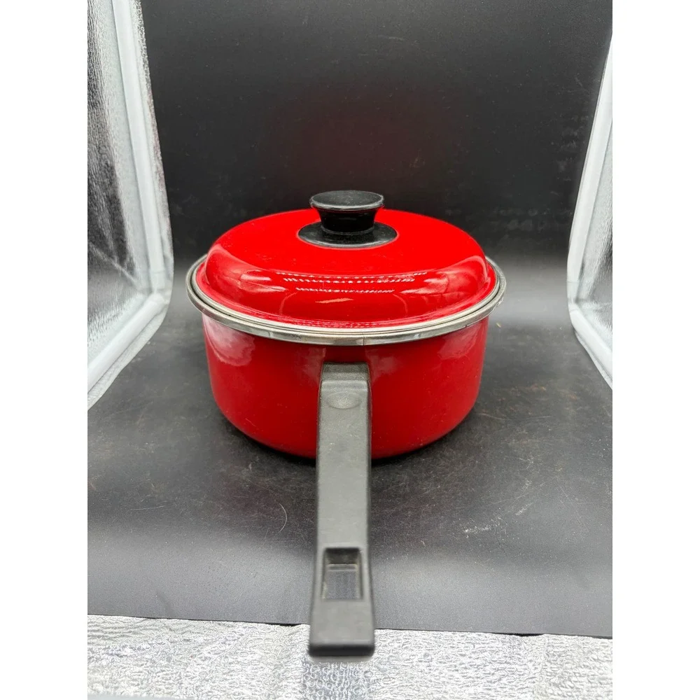 Vintage San Ignacio Red Enamel Saucepan with Lid Made‎ in Spain Retro Cookware